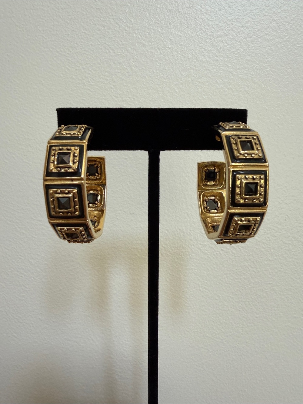 Gold and Black Square Hoop Earrings in a Geometric Art Deco Design